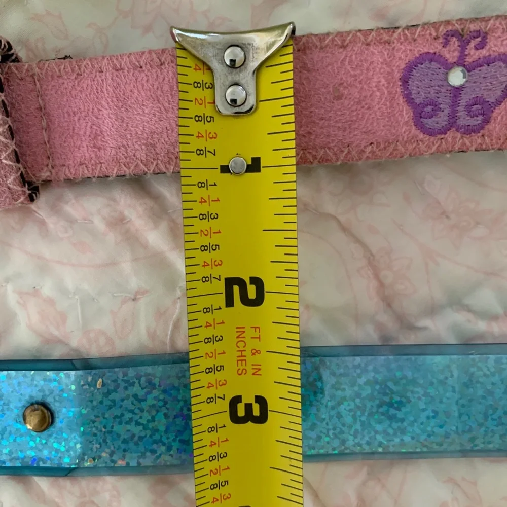 Belt Lot Girls Size 6 Pink Butterfly & Sparkly Blue 2 PCS Velvet Rubber Buckle